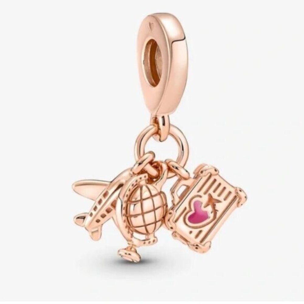 Pandora Rose Gold Travel Dangle Charm with Pink Accent